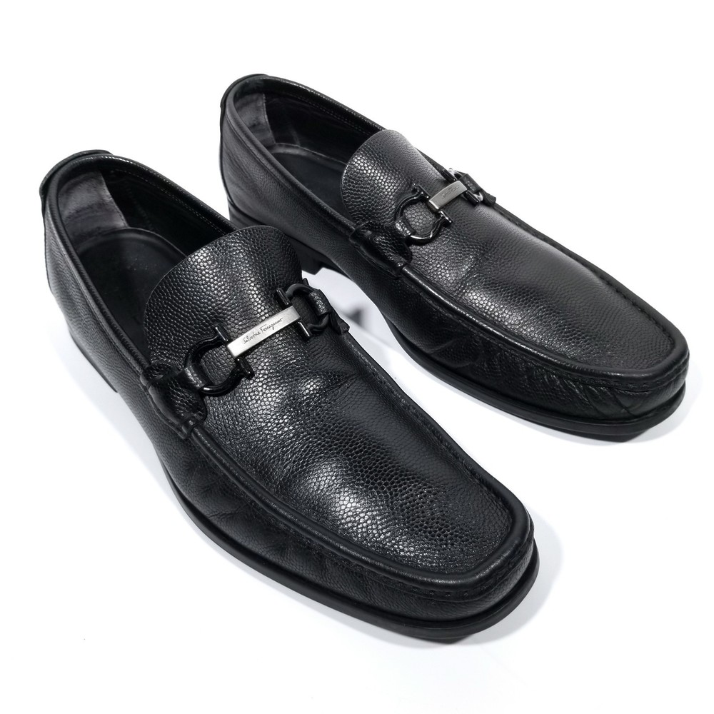 Salvatore Ferragamo Luxury Gancini Bit Black Leather Moccasins Loafers